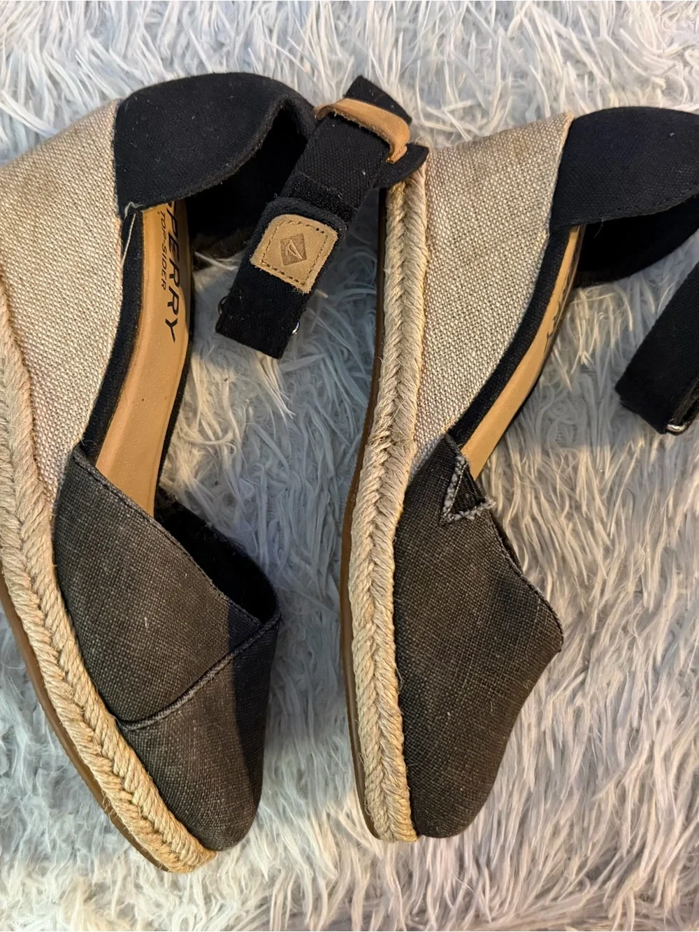 Sperry Black Canvas Espadrille Wedge Sandals with Ankle Strap